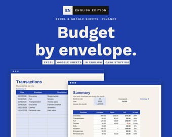 May include: A digital budget tracker template for Excel and Google Sheets titled Budget by envelope. The interface displays a Transactions tab and a Summary tab with columns for date, envelope, description, assigned, spent, left, and percentage used.