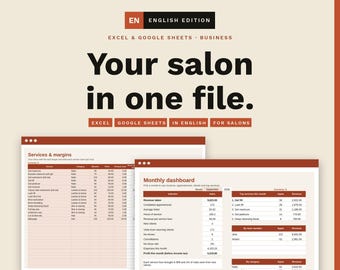 May include: A digital business management tool for salons featuring Excel and Google Sheets templates. The interface displays text including "Your salon in one file," "Services & margins," and "Monthly dashboard" with data tables.