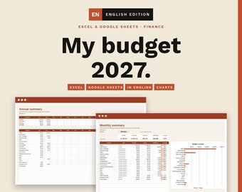 May include: A digital finance spreadsheet template titled My budget 2027 for Excel and Google Sheets. The design features a cream background with dark red text and accents, displaying an annual summary, a monthly summary, and a budget vs actual chart.