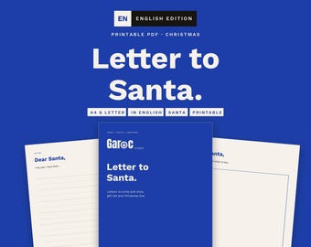 May include: A printable PDF Letter to Santa kit featuring a blue cover with white text reading Garoc Studio, Letter to Santa, and English Edition. The set includes lined stationery pages with the header Dear Santa and blank space for lists.