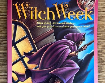 May include: A book cover with a purple and black illustration of a witch flying on a broomstick. The title of the book is "Witch Week" and the author is Diana Wynne Jones. The book is part of the Chrestomanci Quartet series.