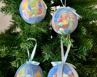 4 Vintage Sugar Frosted Nativity Christmas Ornaments//Blue Ribbon hanger baby jesus wise men