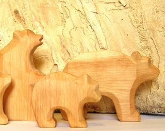 Bear Family with two Cubs, Wooden Animals Carved by Hand, Waldorf Toy Toddler