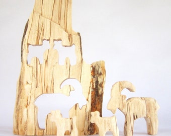 Ibex in the Rocks, Wooden Carved Ibex, Ibex and two Kids, Wooden Puzzle, Capricorn