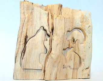 Ours de montagne avec des oursons, Ours sculpté en bois, Sculpture sur bois