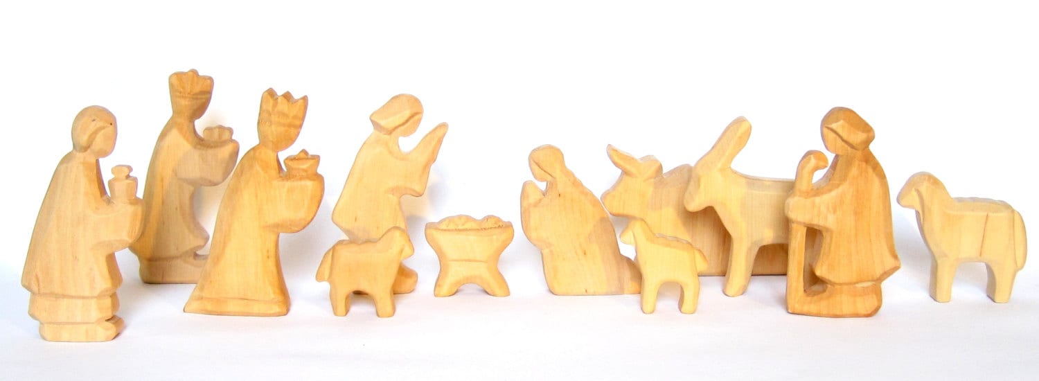 Carved Nativity Figurines Wooden Crib Nativity Set Etsy