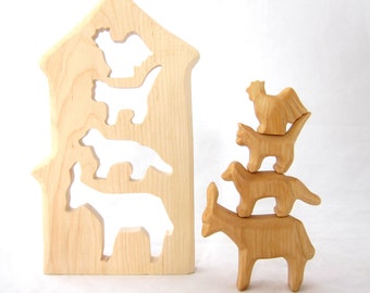 Town Musicians of Bremen, Fairy Tale carved from Wood, Wooden Waldorf Animals,Wooden Puzzle