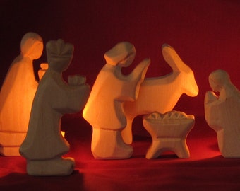 Carved Nativity Figurines, Wooden Crib, Nativity Set, Christmas Creche Wooden Manger