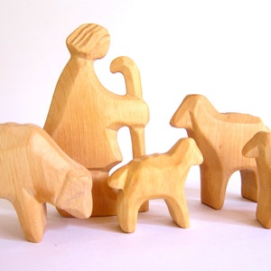 The Good Shepherd, Wooden Shepherd with Sheep and Lambs, Woodcarving