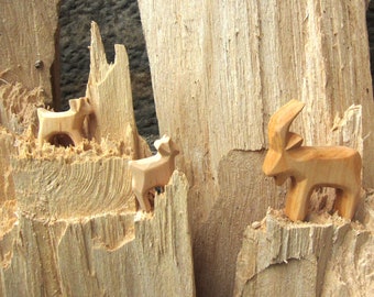 Famille de chèvres, sculpté à la main, animaux en bois, tous les jouets naturels