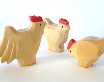 Cock and Chicken, Farm Animals, Wooden Animals Carved by Hand, Wooden Toys, Waldorf Toy, Natural Toy