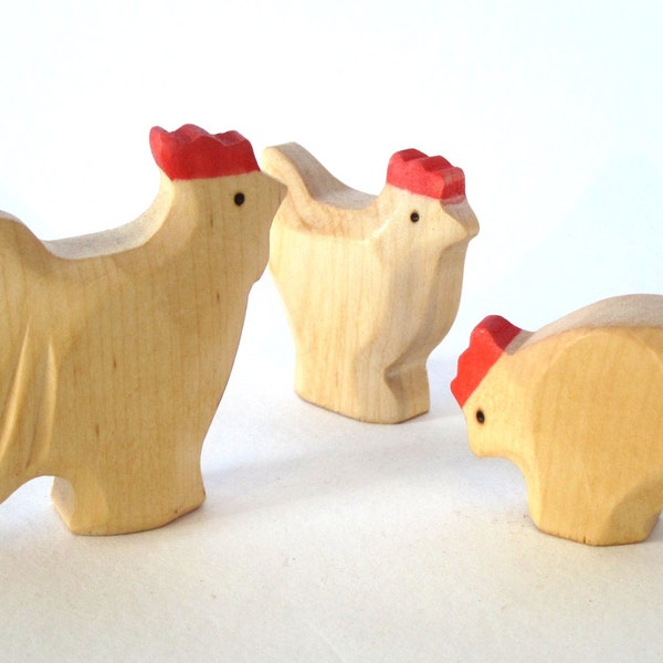 Cock and Chicken, Farm Animals, Wooden Animals Carved by Hand, Wooden Toys, Waldorf Toy, Natural Toy