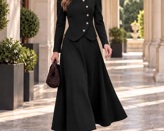 Black Two Piece Skirt Set, Stand Collar Jacket and Long A-Line Skirt
