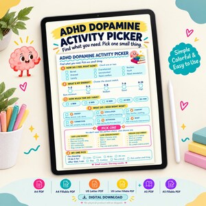 Dopaminmeny | Aktivitetsväljare för ADHD | Arbetsblad för självvårdsplanering | Verktyg för exekutiv dysfunktion | Digital nedladdning