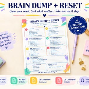 Op de afbeelding: Een printbare "Brain Dump + Reset" plannerpagina met secties voor gedachten, taken en doelen. Het document bevat tekst zoals "Clear your mind. Sort what matters. Take one small step." en "You don't have to do it all today." met kleurrijke accenten.