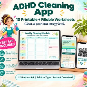 Pode incluir: Um conjunto de produtos digitais com uma aplicação de limpeza para TDAH e 10 folhas de trabalho imprimíveis e preenchíveis. A imagem mostra um portátil com um horário de limpeza semanal, dois smartphones e um código QR.
