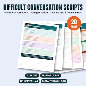 Puede incluir: Un conjunto de 20 páginas PDF imprimibles tituladas DIFFICULT CONVERSATION SCRIPTS, que incluyen 9 conversaciones difíciles, guiones para gerentes, rastreadores y 8 tarjetas de bolsillo. Los documentos contienen listas y cuadros de texto en azul, naranja, morado y verde.
