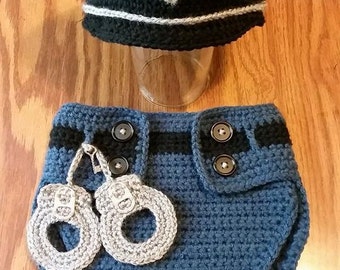 PATTERN infant photo prop costume police officer cop with handcuffs Crochet pattern only