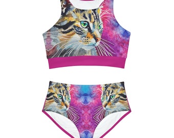 Adults Sporty Cat Bikini Set printed with original art "Luna" by Jessica Gammon, cat swimsuit, pink swimsuit