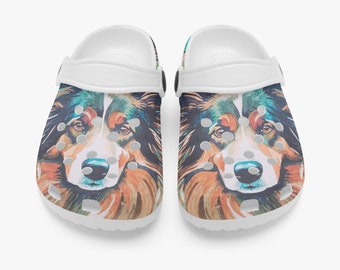 Dog Kids Clogs printed with original art "Tricolor" by Jessica Gammon, foam clogs, slip on shoes for kids