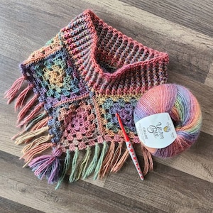 May include: A multi-colored crochet shawl with fringe, a skein of yarn, and a crochet hook. The yarn is a gradient of pink, orange, yellow, green, and purple. The crochet hook is gray with red and white accents.