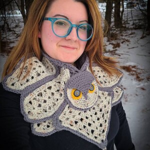 May include: A crocheted owl scarf in shades of grey, beige, and yellow with a tassel. The scarf features a large owl face with yellow eyes and a grey beak.