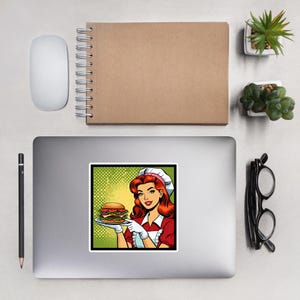 Vinyl sticker pinup with sandwich, redhead sticker, bumper sticker