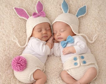 Newborn crochet outfit pattern, instant download, baby bunny crochet, great for twins!