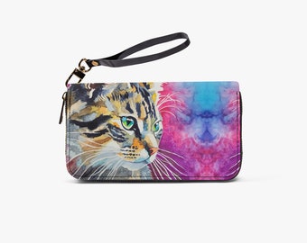 PU Leather Strap Zipper Wallet, cat wallet with original artwork design "Luna" by Jessica Gammon