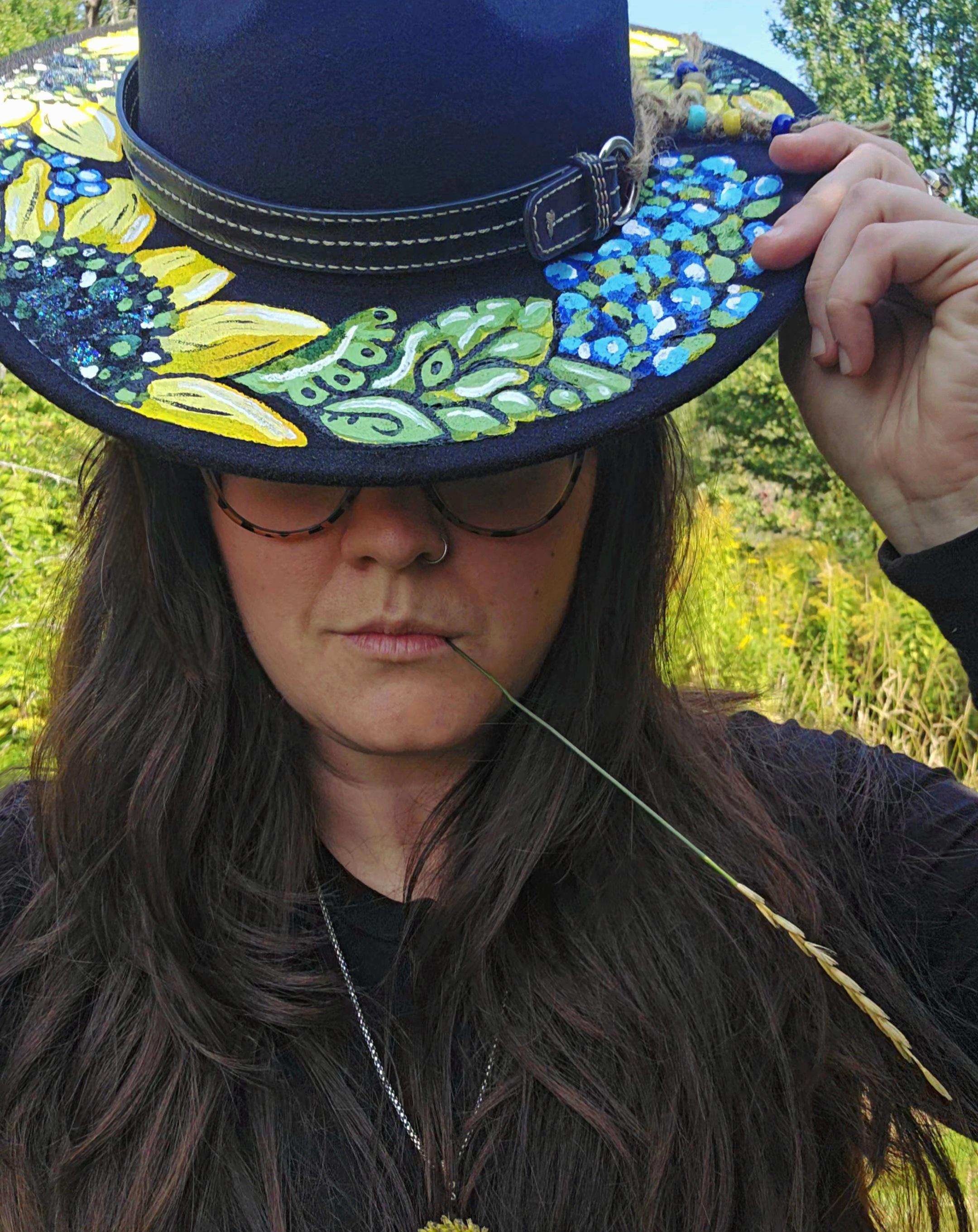 Hand Painted Sunflower Wide Brim Hat Blue Boho Festival Hat Floral sunflower teal suede wide brim cowboy hat  main image 3