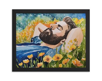11x14 Framed poster Print of Original Artwork Matt's Meadow, Beard Art by Jessica Gammon