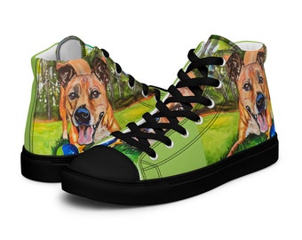 Men’s high top canvas shoes printed with "Olivia" original art by Jessica Gammon