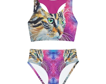 Girls Two Piece cat Swimsuit Printed with original art "Luna" by Jessica Gammon