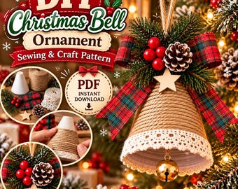 DIY Christmas Bell Ornament Pattern PDF, Rustic Jute Rope Bell Craft, Farmhouse Christmas Decor, Beginner Sewing & Craft Tutorial