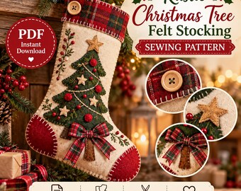 Felt Christmas Stocking Sewing Pattern PDF, Rustic Christmas Tree Stocking, Hand Sewing Felt Pattern, DIY Holiday Decor, Instant Download