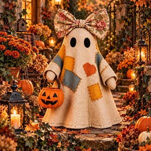 May include: A beige fabric ghost figurine featuring a large floral print bow on its head, stitched patches in blue, orange, and yellow, and two black oval eyes. The ghost holds a small orange plastic jack-o'-lantern bucket in its right hand.