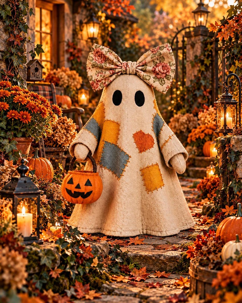 May include: A beige fabric ghost figurine featuring a large floral print bow on its head, stitched patches in blue, orange, and yellow, and two black oval eyes. The ghost holds a small orange plastic jack-o'-lantern bucket in its right hand.