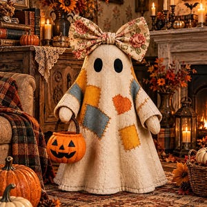 May include: A beige fabric ghost figurine featuring a large floral print bow on its head, two black oval eyes, and various colorful felt patches in yellow, blue, and orange. The ghost holds a small orange felt jack-o'-lantern trick-or-treat bucket.