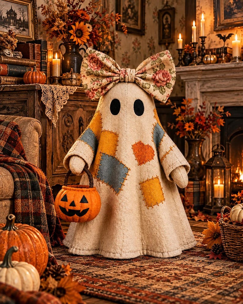 May include: A beige fabric ghost figurine featuring a large floral print bow on its head, two black oval eyes, and various colorful felt patches in yellow, blue, and orange. The ghost holds a small orange felt jack-o'-lantern trick-or-treat bucket.