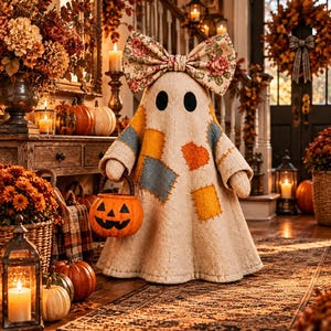 May include: A beige fabric ghost figurine featuring a large floral print bow on its head and various colorful felt patches in blue, orange, and yellow. The ghost has two black oval eyes and holds a small orange plastic jack-o'-lantern bucket.