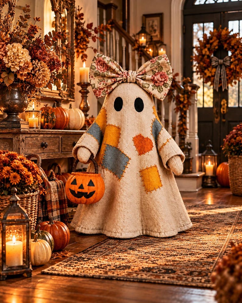 May include: A beige fabric ghost figurine featuring a large floral print bow on its head and various colorful felt patches in blue, orange, and yellow. The ghost has two black oval eyes and holds a small orange plastic jack-o'-lantern bucket.