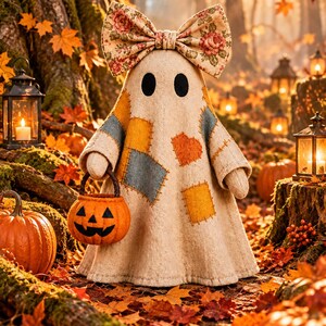 May include: A beige fabric ghost figurine featuring a large floral print bow on its head and various colorful felt patches stitched onto its body. The ghost holds a small orange jack-o'-lantern bucket with a black face in its right hand.