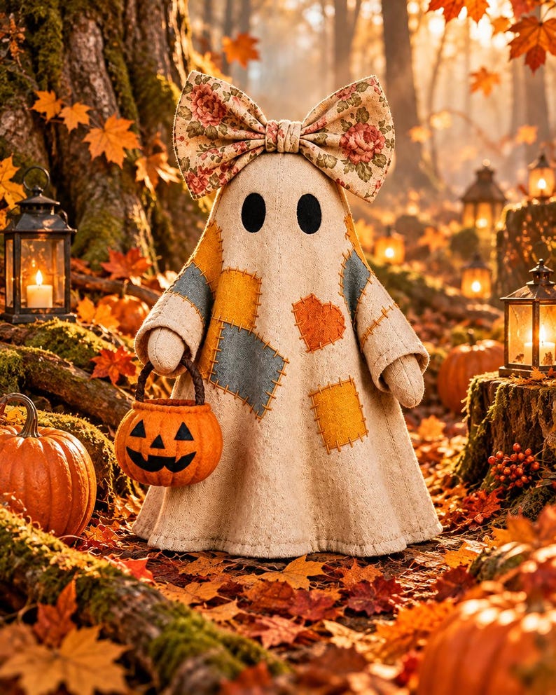 May include: A beige fabric ghost figurine featuring a large floral print bow on its head and various colorful felt patches stitched onto its body. The ghost holds a small orange jack-o'-lantern bucket with a black face in its right hand.