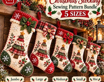 Christmas Stocking Sewing Pattern Bundle, 5 Sizes, Felt Appliqué (PDF Download)