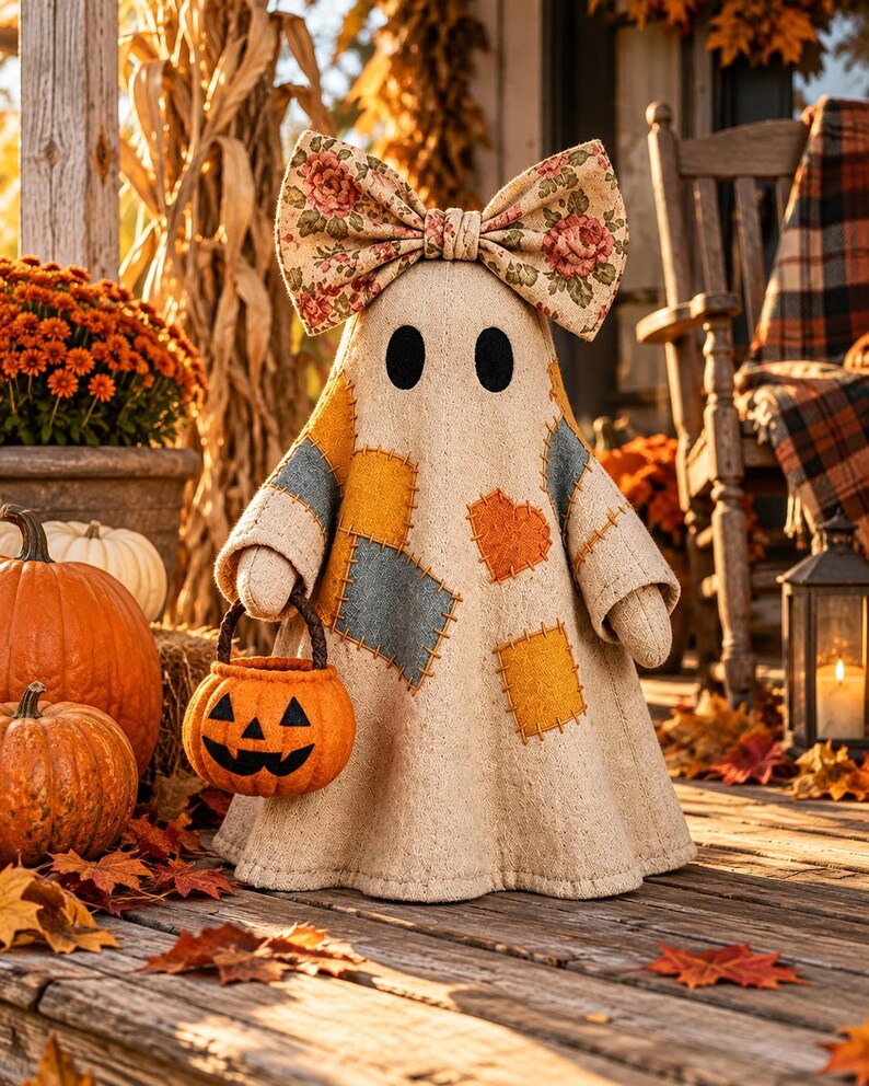 May include: A beige fabric ghost figurine featuring black oval eyes, a large floral print bow on top, and various colorful fabric patches sewn onto the body. The ghost holds a small orange felt jack-o'-lantern bucket with a dark handle.