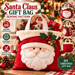 Pode incluir: Uma sacola de presente de tecido vermelho com uma aplicação do rosto do Papai Noel, acabamento em pele sintética branca, duas alças e fechos de cordão. A sacola é decorada com folhas de azevinho verdes e bagas vermelhas. Texto: Santa Claus Gift Bag Sewing Pattern.