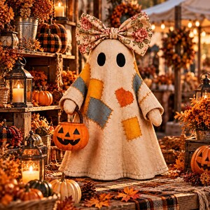 May include: A beige fabric ghost figurine featuring a large floral print bow on its head, black oval eyes, and colorful patchwork squares in blue, yellow, and orange. The ghost holds a small orange plastic jack-o'-lantern bucket in its hand.