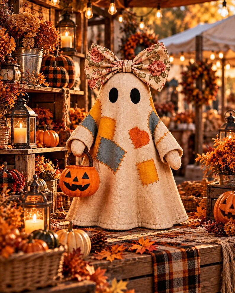 May include: A beige fabric ghost figurine featuring a large floral print bow on its head, black oval eyes, and colorful patchwork squares in blue, yellow, and orange. The ghost holds a small orange plastic jack-o'-lantern bucket in its hand.