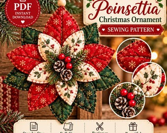 Naaipatroon voor een kerststerornament (PDF), gewatteerd kerstornament van stof, patroon voor een kerstbloemenornament, sjablonen op ware grootte