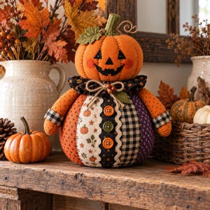 Pumpkin Doll Sewing Pattern PDF, Primitive Patchwork Halloween Pumpkin Man, Rustic Fall Farmhouse Decor, DIY Stuffed Fabric Doll